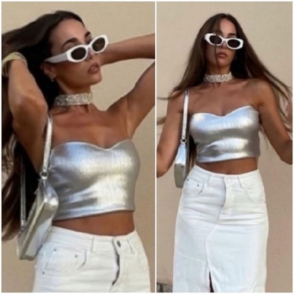 ZARA Silver Metallic Knit Bustier Crop Top Blogger Favourite S Holidays NYE